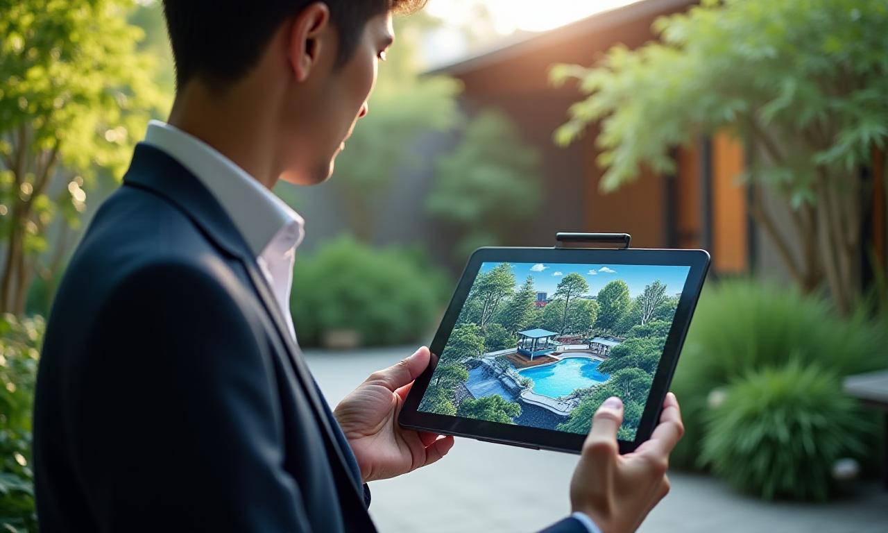 都会の洗練された庭園設計の様子