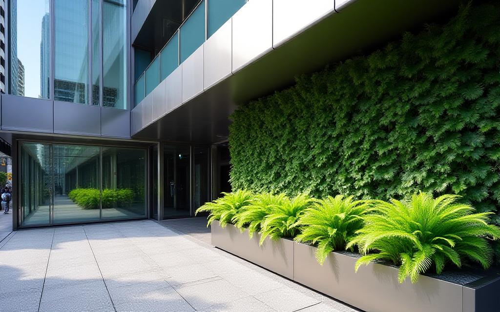 商業施設の洗練されたランドスケープ、サステナブルな植栽