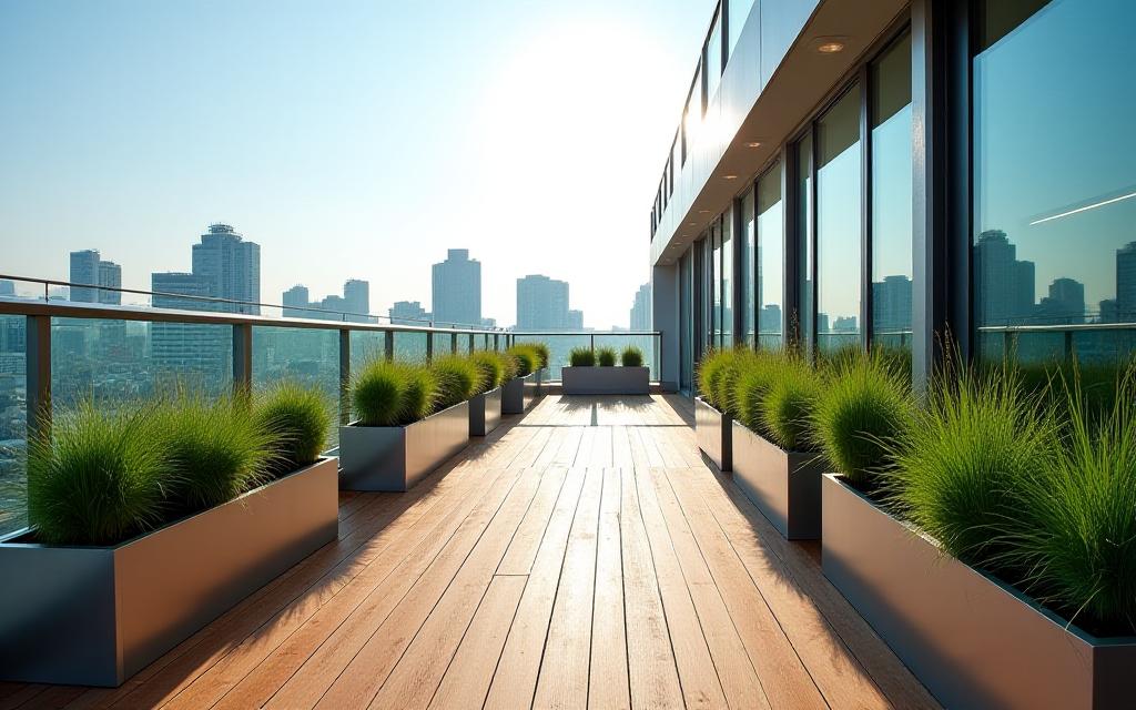 都会のバルコニー庭園、モダンな木製デッキと照明